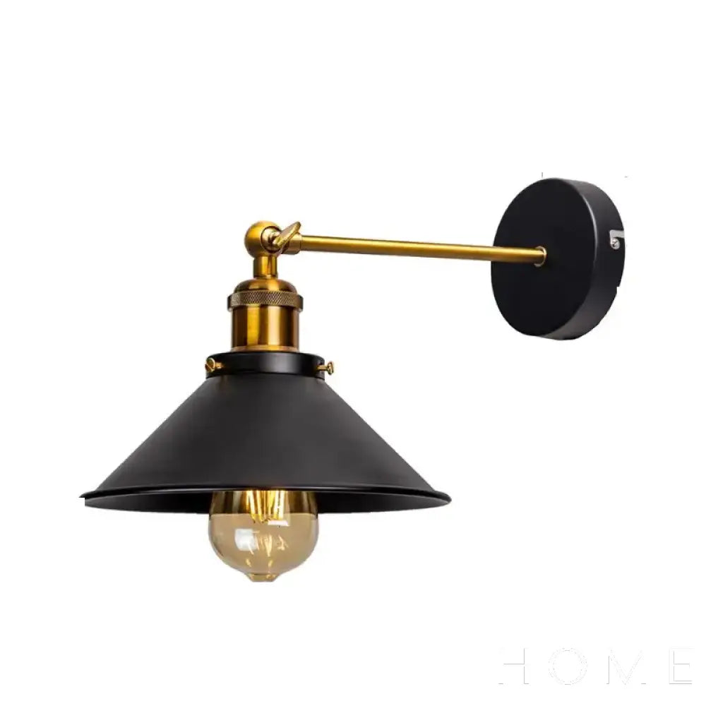 Arandela Interna Industrial Em Formato De Cone Para Parede Preto E Dourado Iluminação