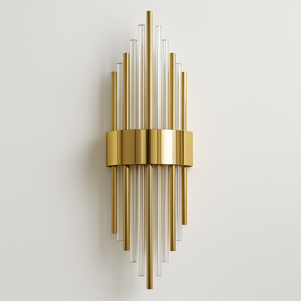 Arandela Art Déco Baham | Tubos de Cristal e Metal Dourado