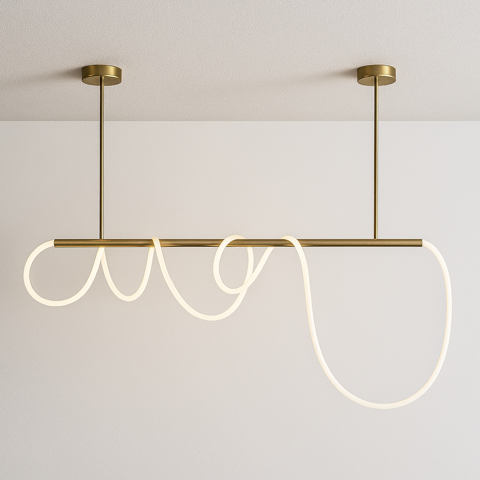 Pendente Linear Spirale Dourado | Design Orgânico e LED Integrado