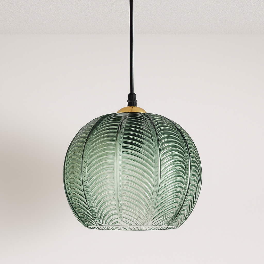 Pendente Triplo Palm Beach | Vidro Verde e Dourado Design Tropical